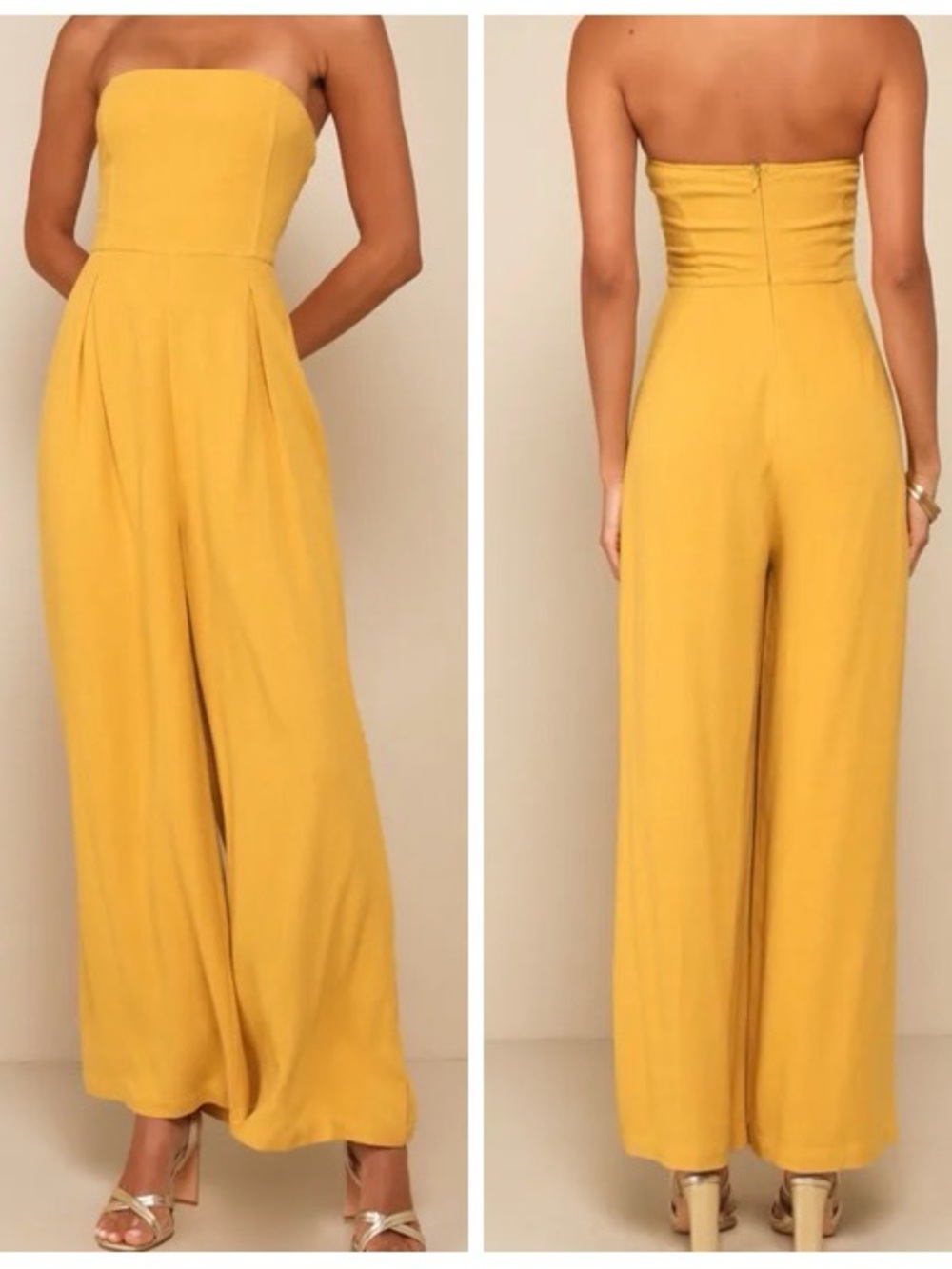 Lulus Strapless Wide-Leg Jumpsuit in Mustard size XS